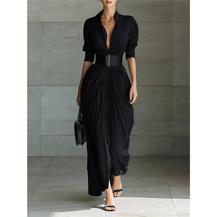 Maxi Dress with Long Sleeves, Collar, and Pleats