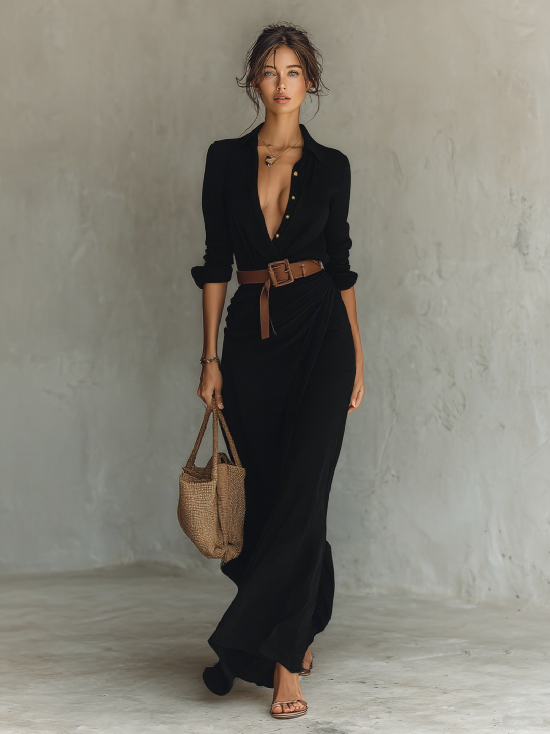 Maxi Dress with Reversed Collar and Belt Included