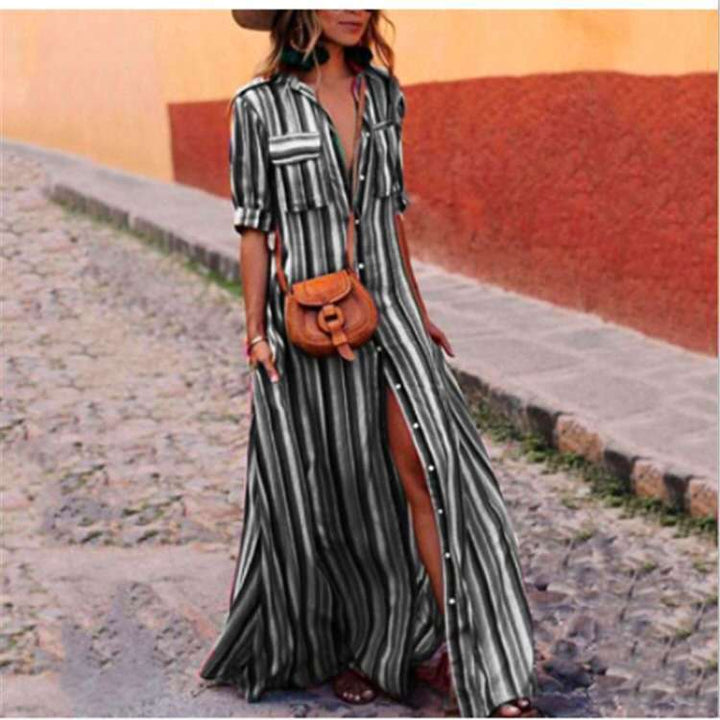 Maxi Chiffon Striped Dress with Collar and Short Sleeves