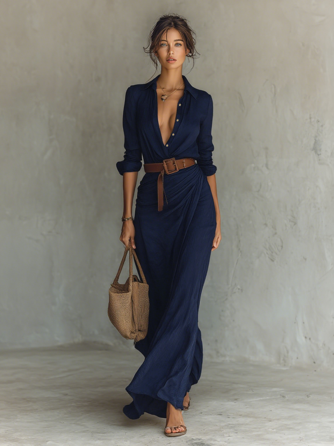 Maxi Dress with Reversed Collar and Belt Included