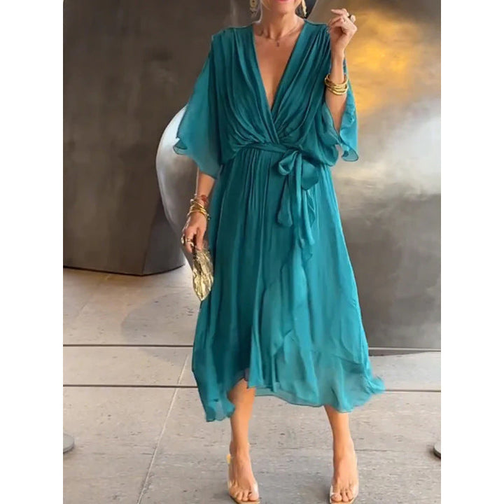 Chiffon Dress with Round Neck and Adjustable Belt