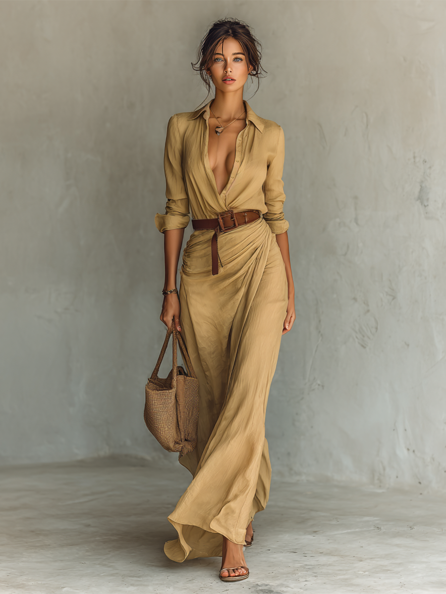Maxi Dress with Reversed Collar and Belt Included