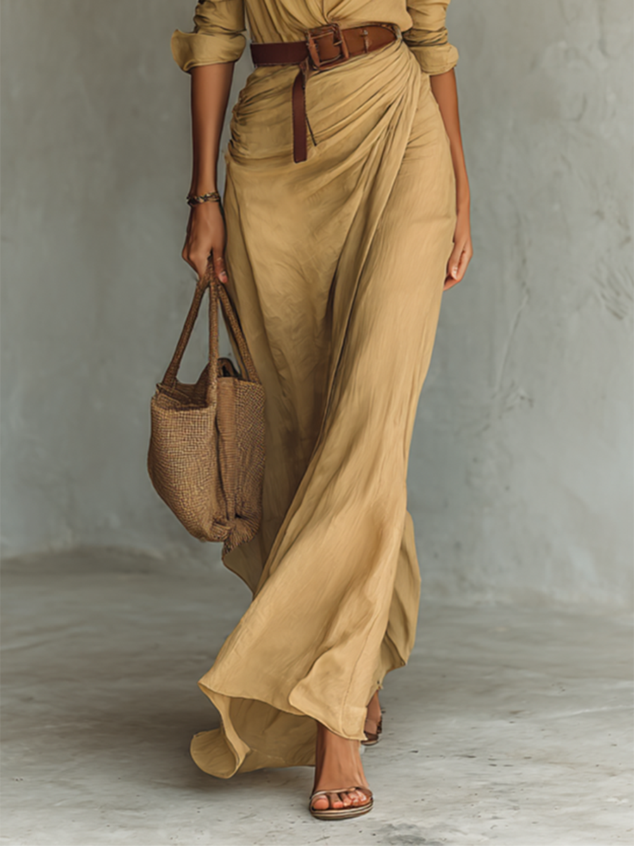Maxi Dress with Reversed Collar and Belt Included