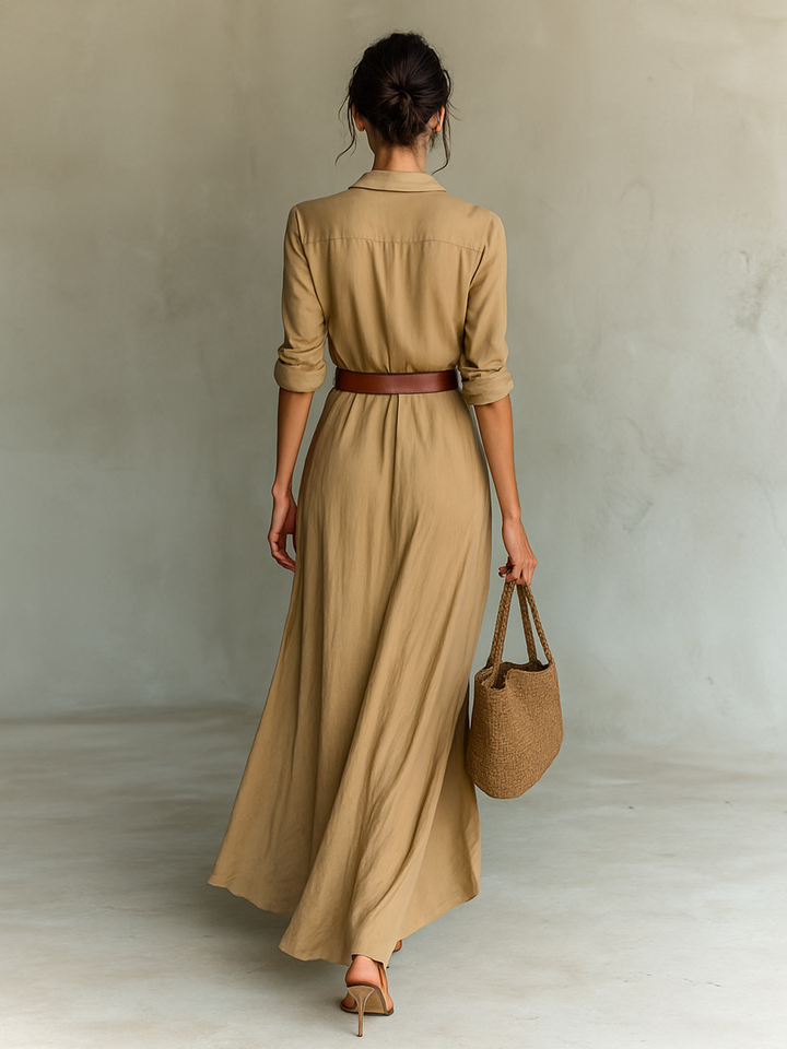 Maxi Dress with Reversed Collar and Belt Included