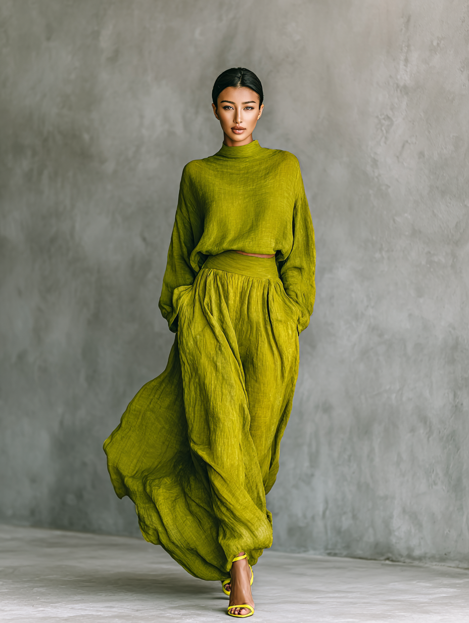 Green Women's Set Made from a Cotton-Linen Blend